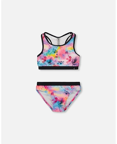 Deux par Girl Printed Two-Piece Racerback Swimsuit Butterflies On Multicolored And Black Background - Toddler|Child