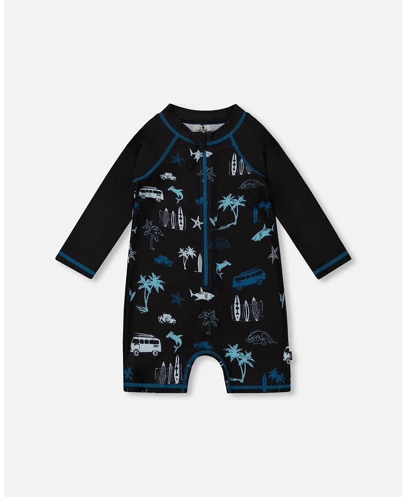 Deux par Deux Boys Printed Long Sleeve Rashguard Light Blue Beach On Black