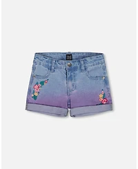 Deux par Deux Toddler Girls Cuffed Denim Shorts With Embroidery Floral Jeans Blue - Toddler|Child