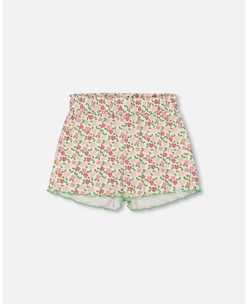 Deux par Deux Big Girls Printed Ribbed Short Small Flowers On White Background