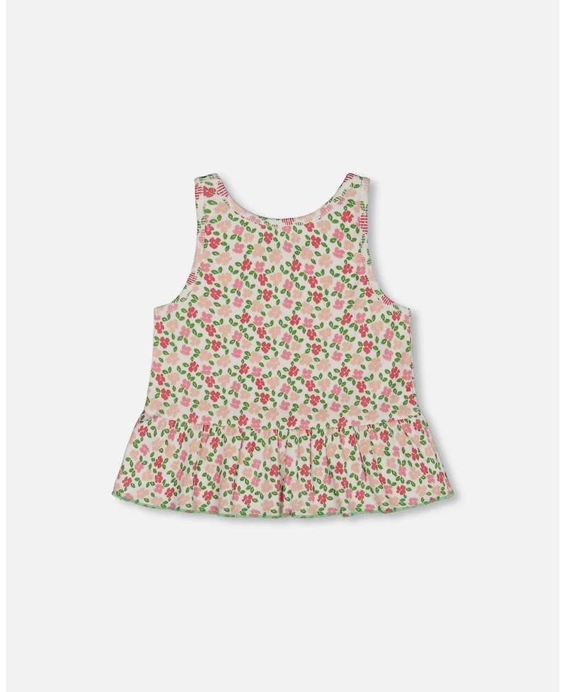 Deux par Deux Toddler Girls Printed Tank Top With Flounce Small Flowers On White Background - Toddler|Child