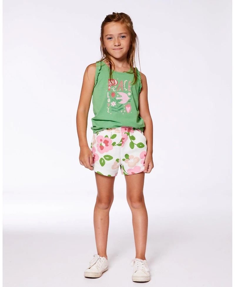 Deux par Deux Big Girls Organic Cotton Tank With Frills Flowers On Green Background