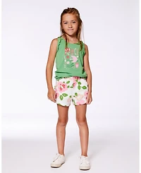 Deux par Deux Big Girls Organic Cotton Tank With Frills Flowers On Green Background