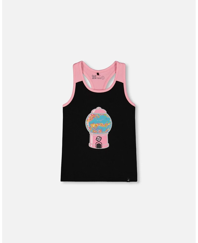 Deux par Deux Toddler Girls Organic Cotton Racerback Tank Top Black And Candy Machine - Toddler|Child