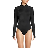 Lands' End Women's Tugless Long Sleeve Rash Guard One Piece Swimsuit