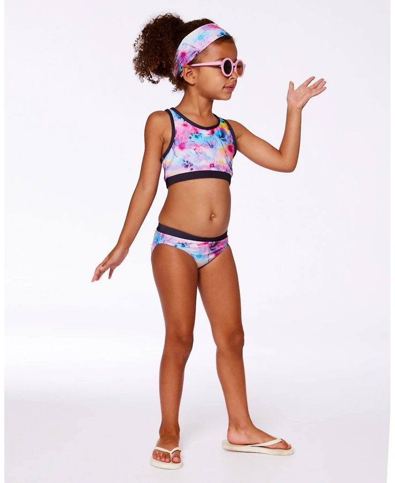 Deux par Deux Girls Printed Two-Piece Racerback Swimsuit Butterflies On Multicolored And Black Background