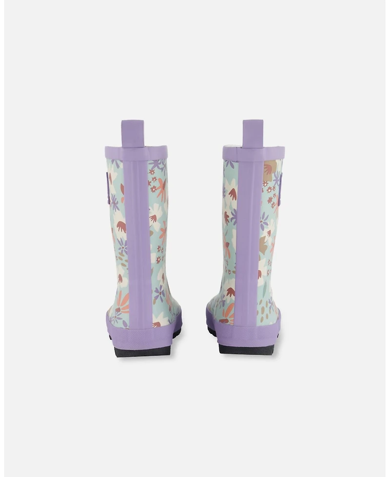 Deux par Deux Little Girls Printed Rain Boots Small White Flowers On Turquoise And Lilac