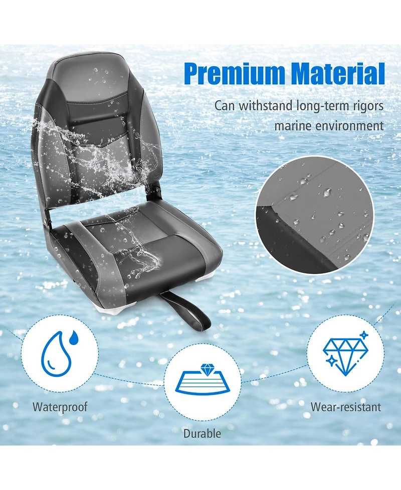 High Back Folding Boat Seats with Black Grey Sponge Cushion and Flexible Hinges