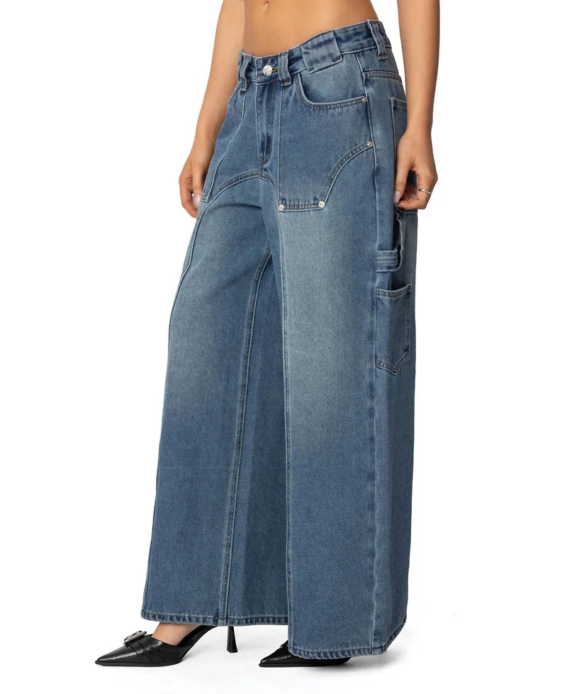 Edikted Womens Tal Baggy Low Rise Carpenter Jeans