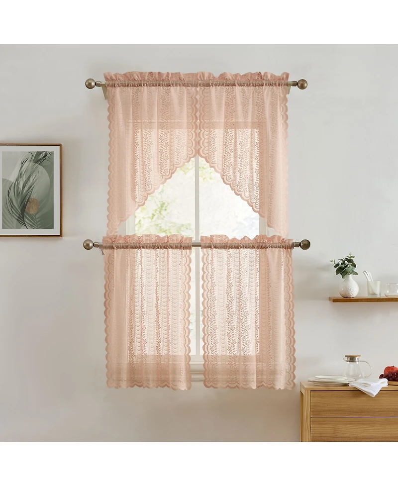 Hlc.me Sophia Floral Rod Pocket Lace Short Cafe Swags for Small Windows - 28 x 36 Inch Length (Blush Pink Swags, Set of 2)
