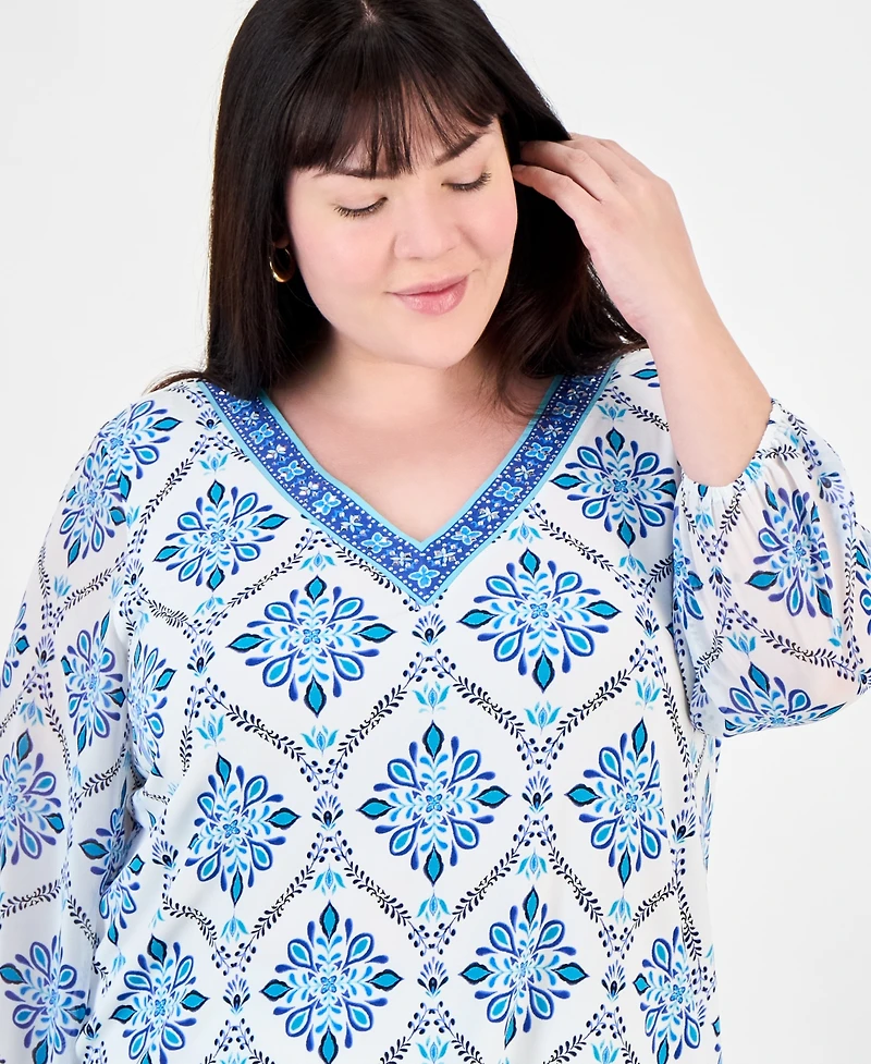 Jm Collection Plus Embellished V-Neck 3/4-Sleeve Top, Exclusively at Macy's
