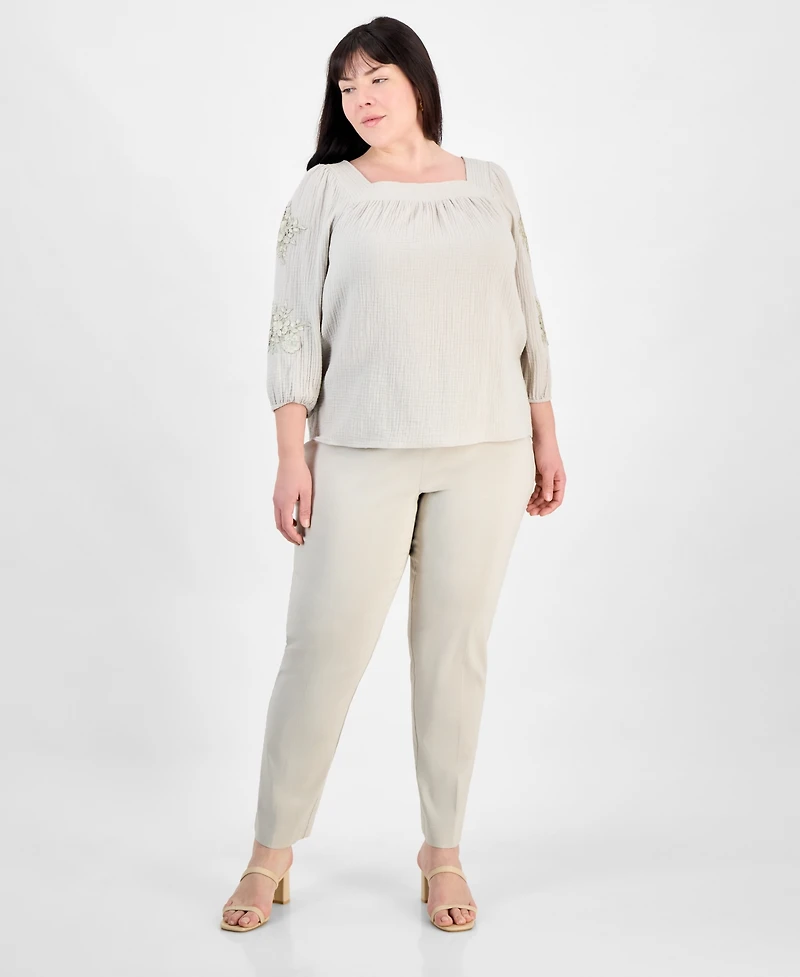 Jm Collection Plus Cotton Square-Neck Floral-Applique Top, Exclusively at Macy's