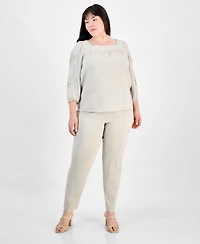 Jm Collection Plus Cotton Square-Neck Floral-Applique Top, Exclusively at Macy's