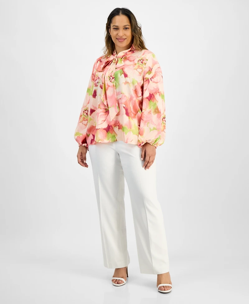 Tahari Asl Plus Floral-Print Tie-Neck Blouse