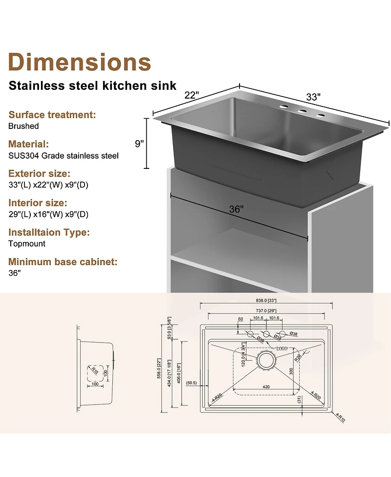 Casainc 33" L x 22" W Single Bowl Stainless Steel Topmount Kitchen Sink with Accessories
