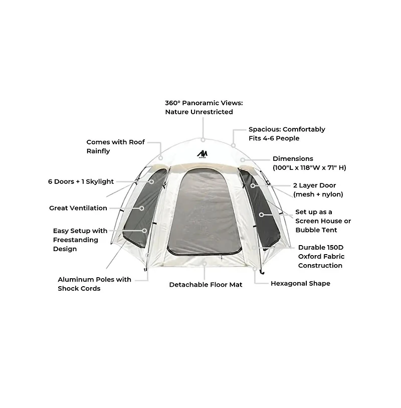 Nucleus Hexagon Tent 9.8FT with Screened Walls and Waterproof Cover, Ideal for Outdoor Picnics, Glamping, Camping, and Stylish Backyard Events