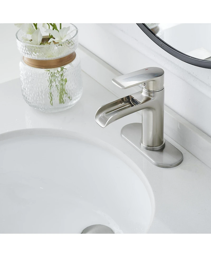 Waterfall Single Hole Single-Handle Low-Arc Bathroom Faucet With Pop-up Drain Assembly Brushed Nickel