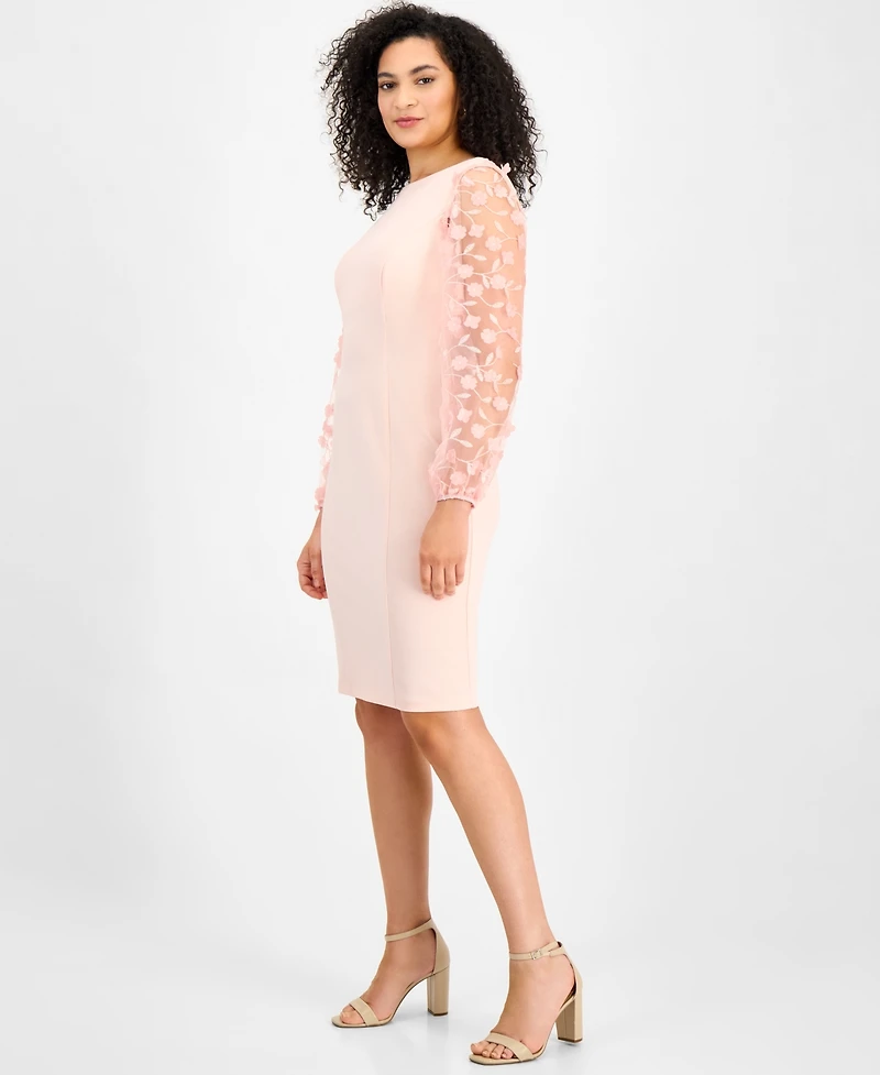 Connected Petite Sheer-Sleeve Applique Sheath Dress