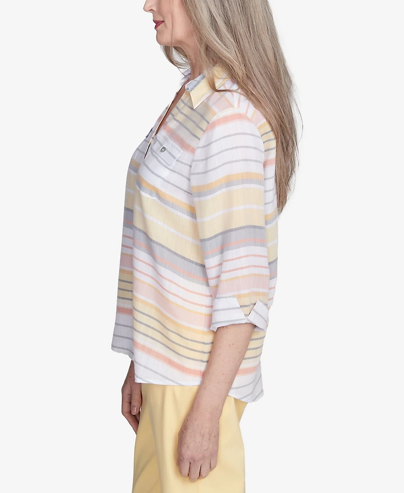 Alfred Dunner Women's Dress Code Button Down Striped Cuffed Sleeve Top