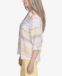 Alfred Dunner Women's Dress Code Button Down Striped Cuffed Sleeve Top