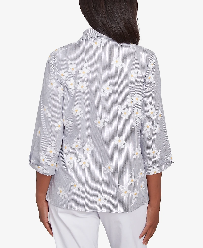 Alfred Dunner Women's Dress Code Flower Embroidered Button Down Striped Top