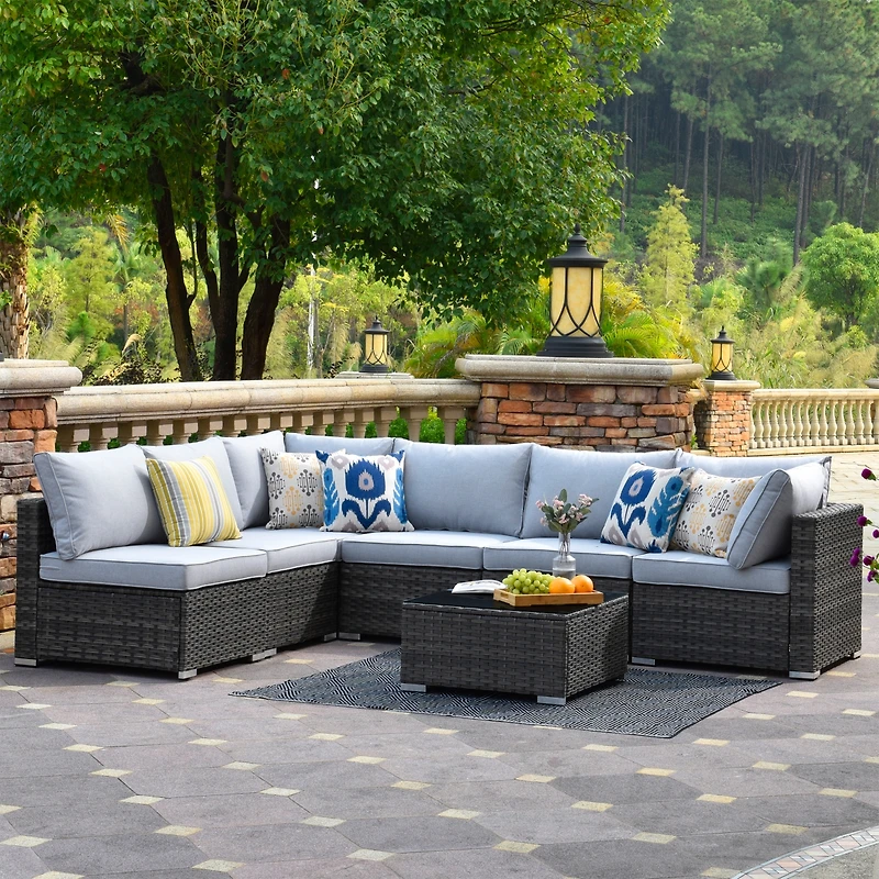 Xizzi 7-Piece Patio Furniture Outdoor Sofa Sets with New Wicker,Cushions and Coffee Table Suitable For patio, garden, backyard, yard balcony,Navy