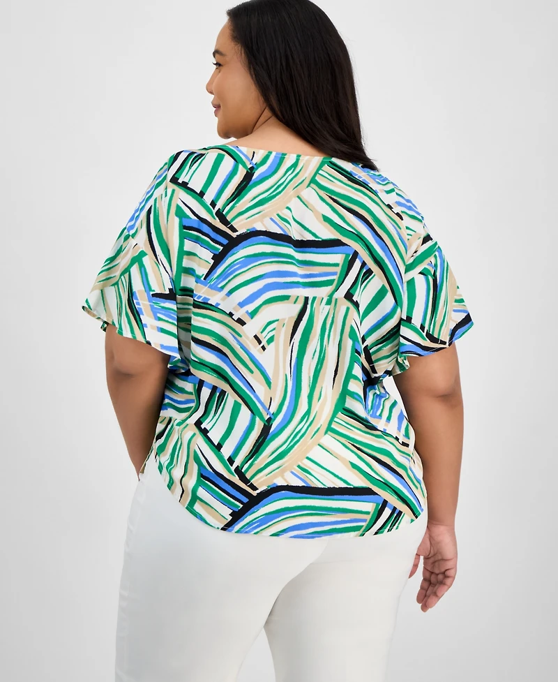 Anne Klein Plus Printed Flutter-Sleeve Blouse