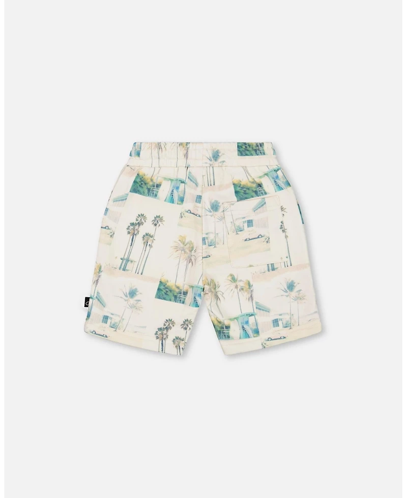 Deux par Deux Baby Boys Printed French Terry Short Beige Palm Tree And Teal