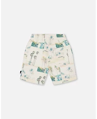 Deux par Deux Baby Boys Printed French Terry Short Beige Palm Tree And Teal