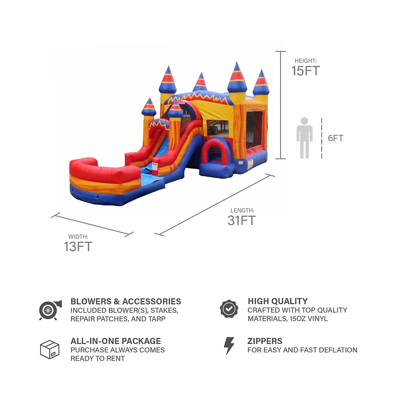 JumpOrange Superhero Bounce House Water Slide Combo with Pool (Blower Included), for Kids and Adults, Wet Dry Use, Tunnel Entrance, Basketball Hoop, O