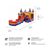 JumpOrange Superhero Bounce House Water Slide Combo with Pool (Blower Included), for Kids and Adults, Wet Dry Use, Tunnel Entrance, Basketball Hoop, O