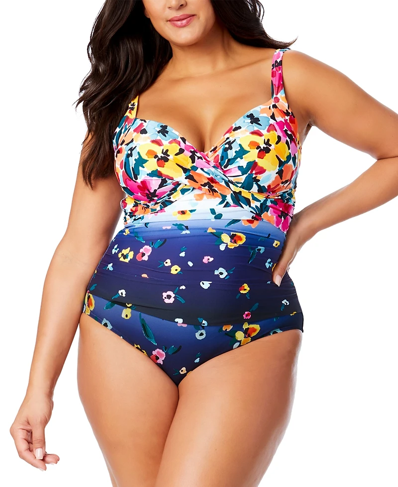 Anne Cole Plus Size Floral-Print Draped-Front Underwire One-Piece Swimsuit