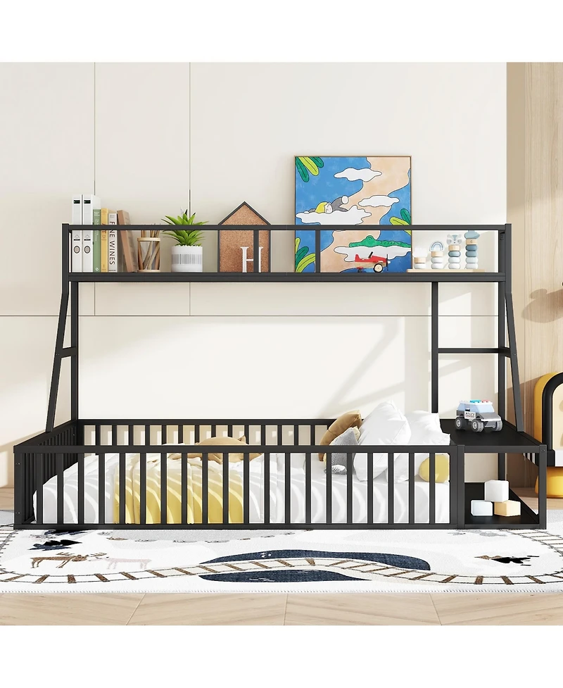 Metal Floor Bed with Desk and Storage Shelves