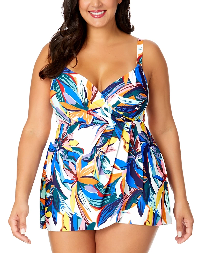 Anne Cole Plus Size Printed Surplice Swim Dress