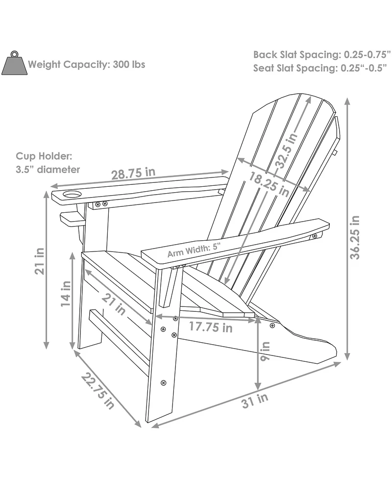 Adirondack Chair with Cup Holder - Outdoor All-Weather for the Fire Pit, Patio, Campsite, or Yard 300-Pound Capacity White