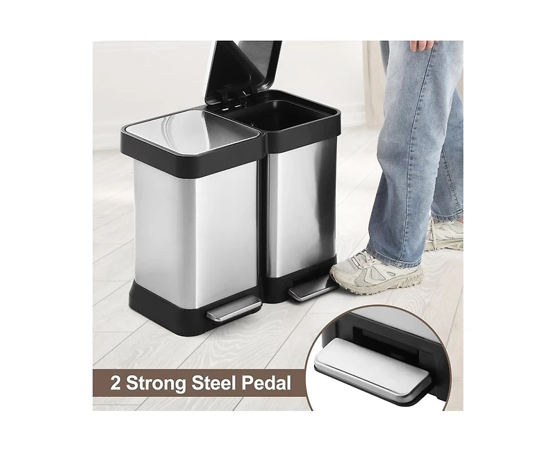 Dual Trash Can, Stainless Steel 2 x 6.5 Gal (2 x 25L) Garbage Can, Double Steel Pedal Recycle Bin with Lid and Inner Buckets, Rectangular Hands-Free K