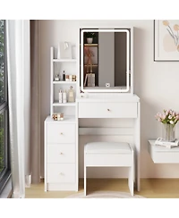 Small Left Bedside Vanity Table with Led Mirror and Cushioned Stool – Compact Makeup Station for Bedroom