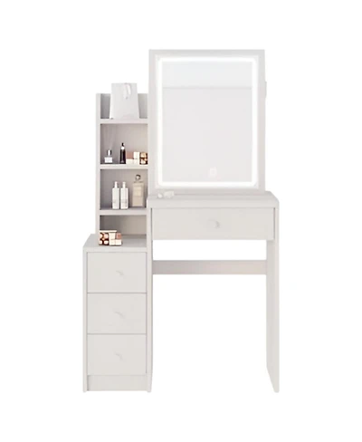Small Left Bedside Vanity Table with Led Mirror and Cushioned Stool – Compact Makeup Station for Bedroom