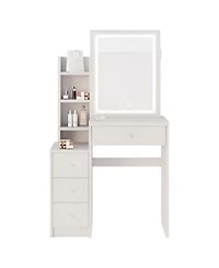 Small Left Bedside Vanity Table with Led Mirror and Cushioned Stool – Compact Makeup Station for Bedroom