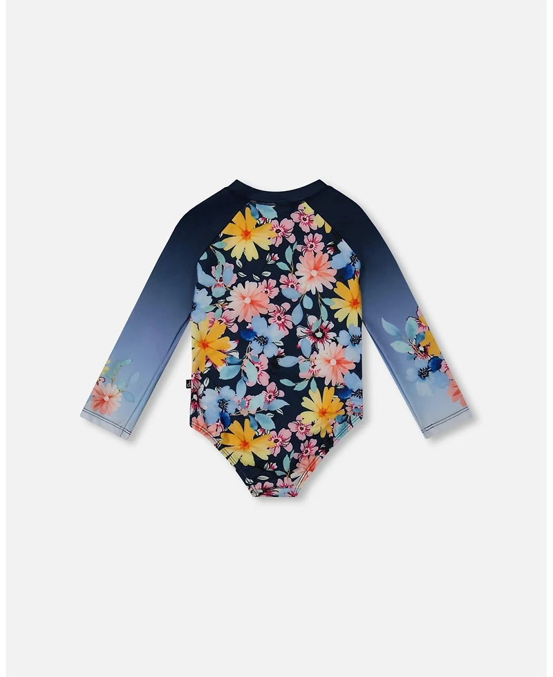 Deux par Girls Printed Long Sleeve Rashguard Navy And Yellow Pink Flowers