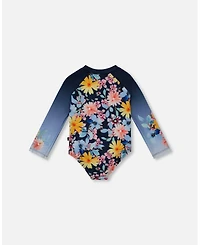 Deux par Girls Printed Long Sleeve Rashguard Navy And Yellow Pink Flowers