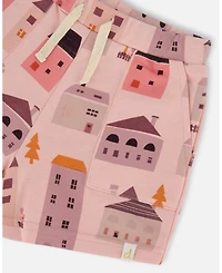 Deux par Toddler Girls Printed French Terry Short Pink And Coral Houses - Toddler|Child