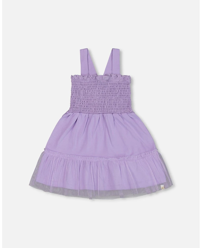 Deux par Big Girls Smocked Organic Cotton Dress With Mesh Frill Lilac