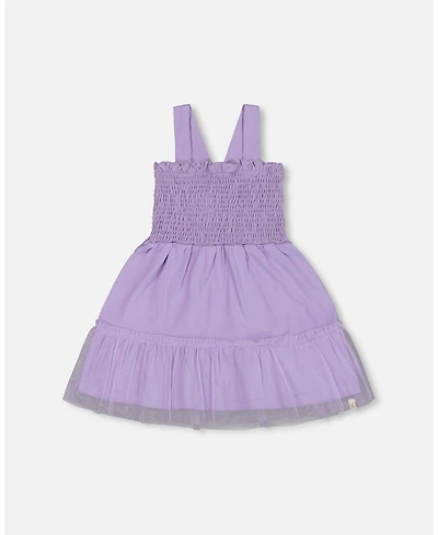 Deux par Big Girls Smocked Organic Cotton Dress With Mesh Frill Lilac