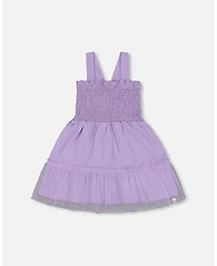 Deux par Big Girls Smocked Organic Cotton Dress With Mesh Frill Lilac
