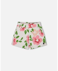 Deux par Deux Toddler Girls Printed French Terry Short Pink Flowers On White Background - Toddler|Child