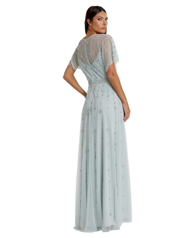 Mac Duggal Women's V-Neck Embellished Flutter Sleeve A Line Gown
