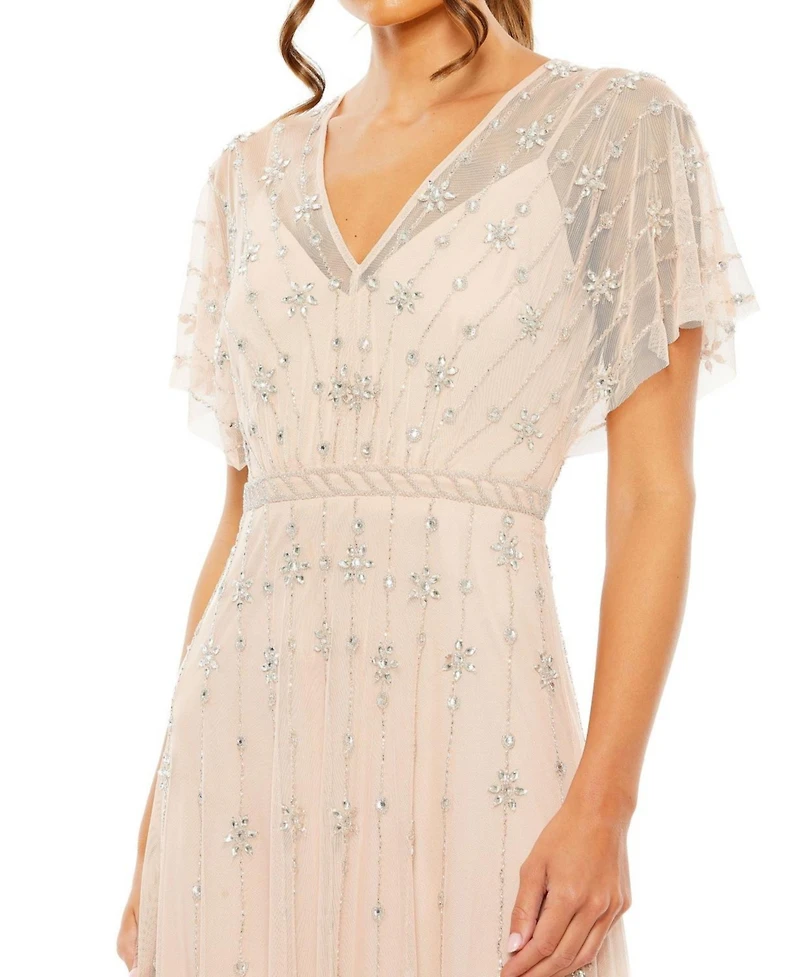 Mac Duggal Women's V-Neck Embellished Flutter Sleeve A Line Gown