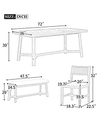 6-piece Retro Farmhouse Style Dining Set, Rectangular Table and 4 Upholstered Chairs with Rattan Bench for Room Kitchen