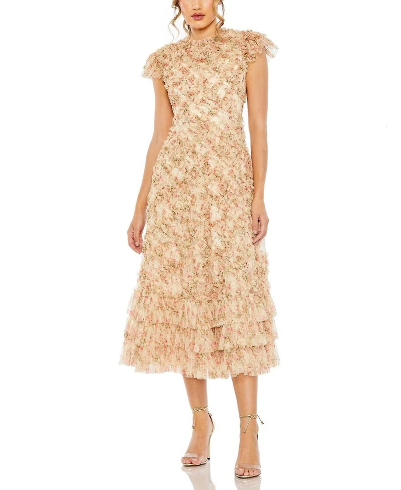 Mac Duggal Women's Ruffle Tiered Short Sleeve A Line Dress